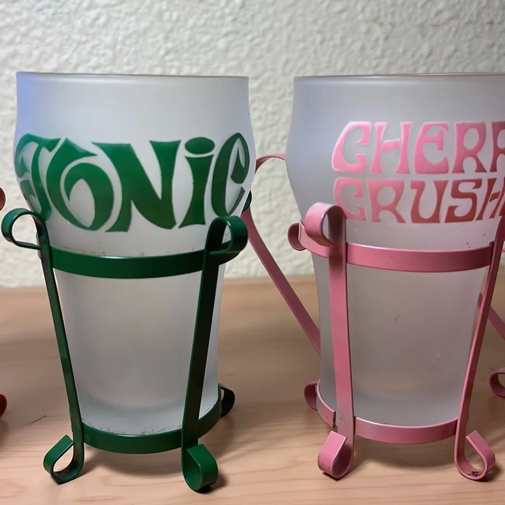 Vintage Set of 4 Soda Mug Glasses Metal Handle 1960’s Mid Century Fountain Shop - Picture 3 of 6